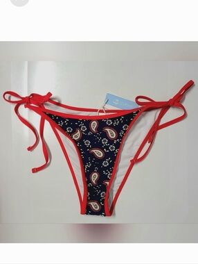 CUPSHE Red & Navy Paisley Print Side Tie Cheeky Bikini Swim Bottom Sz Lrg NWT